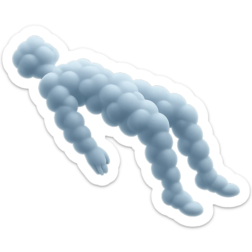 side view of unconscious person flying with torso upwards, legs and arms downwards, made of small convex white clouds, matte glass style sticker
