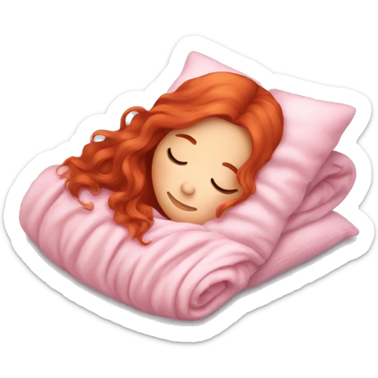 Red hair girl with long wavy hair sleeping with pink blanket and cute pillow sticker