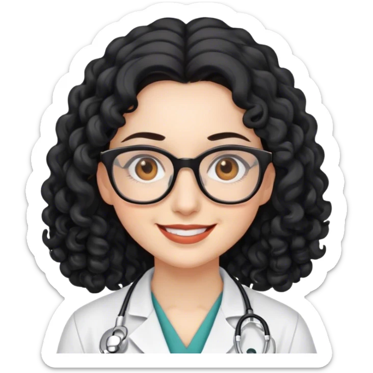 smiling doctor woman, brown eyes, white skin,  long black curly hair with glasses sticker