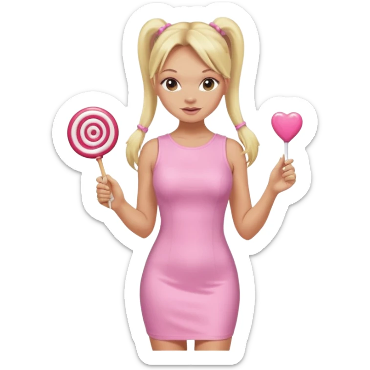 Emma Bunton with long blonde ponytails wearing light pink bodycon dress holding a lollipop sticker