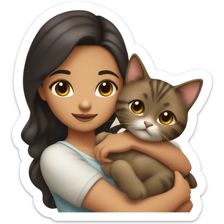 Eurasian girl with dark brown hair neutral tan olive skin long brown hair and brown eyes with arched brows holding a kitten sticker