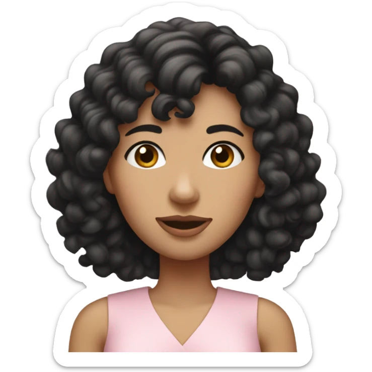 White woman with long black curly hair and bangs and dark brown eyes, wearing a pastel pink dress sticker