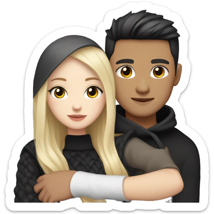 Blonde girl with blue eyes in black sweater and an east asian with light skin man with black hair and black eyes hugging sticker
