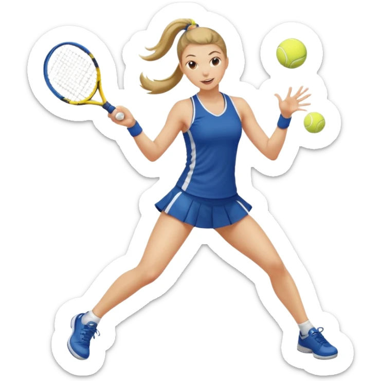 a woman with a ponytail hitting a tennis ball, athletic stance, cheerful sticker