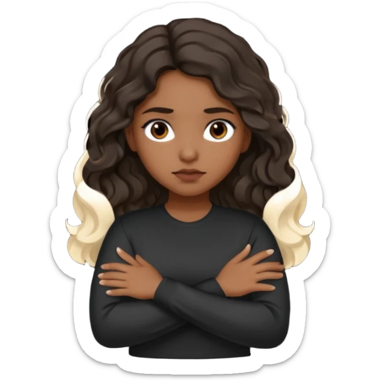 Hispanic girl dark long wavy hair crossing her arms with slight pout black long sleeve shirt sticker