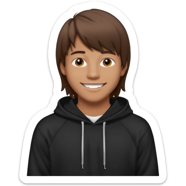 20 yr old man, brown hair, straight, big smile, white teeth, tanned skin, bangs, black hooded sweatshirt, long hair in back, middle parted bangs sticker