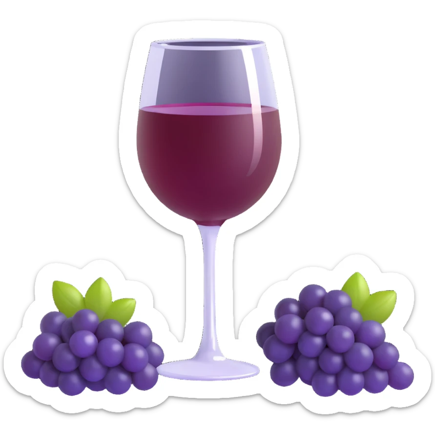 3D emoji style, red wine glass with dark purple grapes beside it, Korean text '레드와인' at the bottom, no background sticker