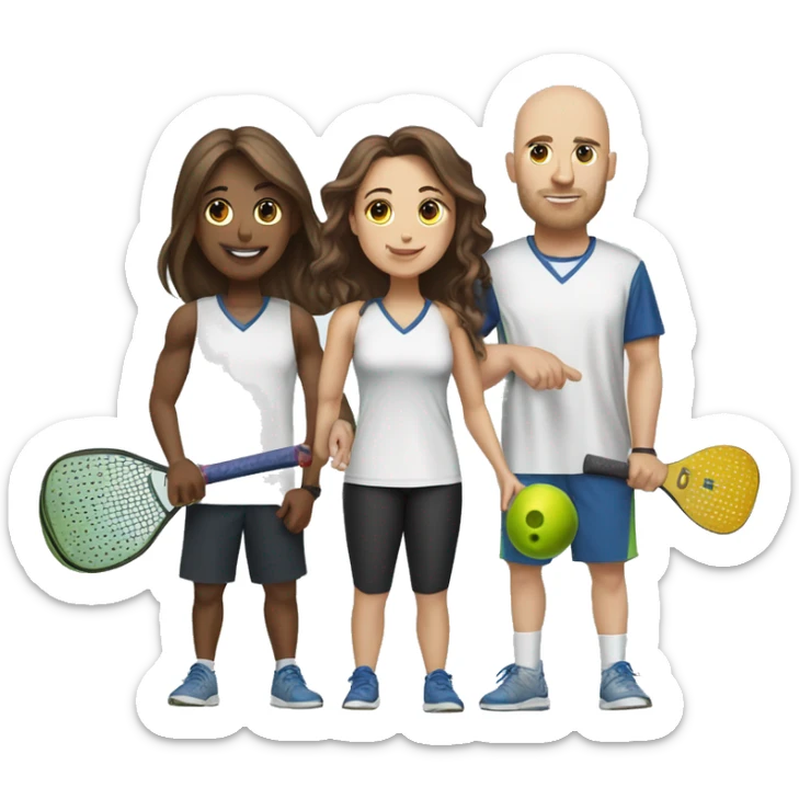 4 Caucasian people playing pickleball with 1 tall bald male, 1 shorter brown hair male, 1 girl with long brown hair, 1 girl  with brown hair sticker