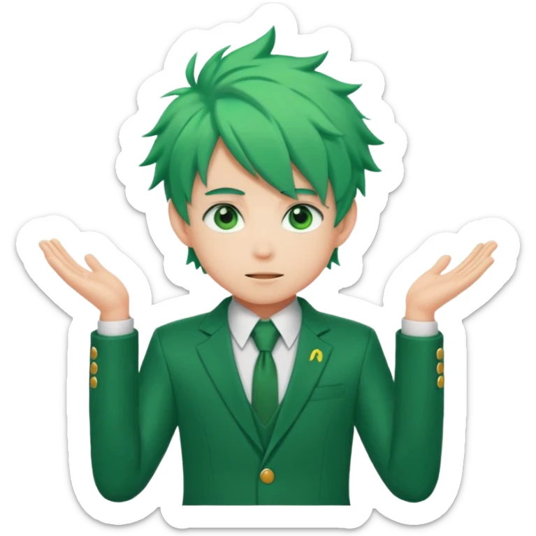 deku : boy anmie green hair green eyes in a ua suit with frenkles sticker