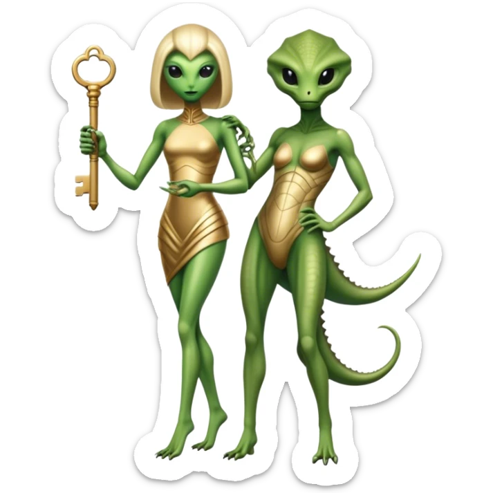 a reptilian alien woman full body, in gold dress, hold big key sticker