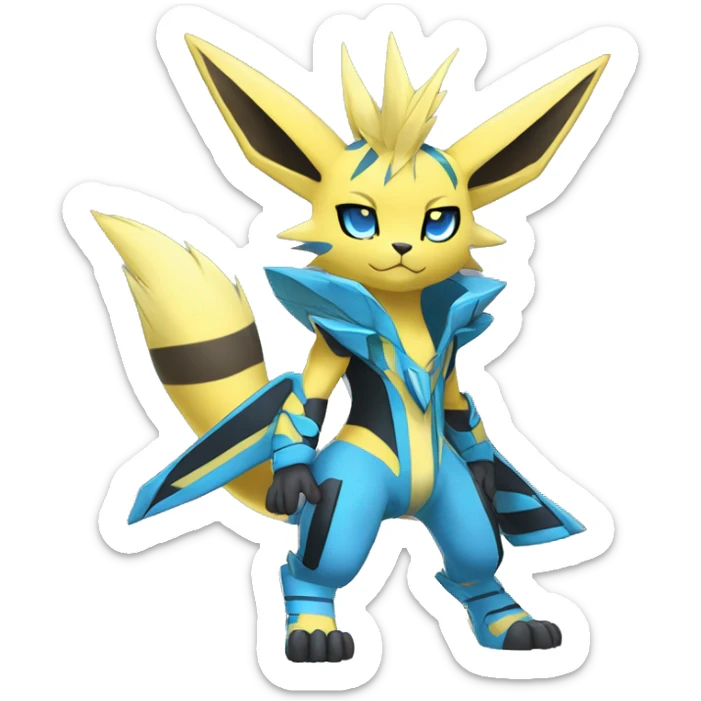 Anthro Edgy Cool Zeraora-Lombax-Jolteon-Pokémon-Fakémon with shiny blue stripes Full Body Detailed High Quality sticker