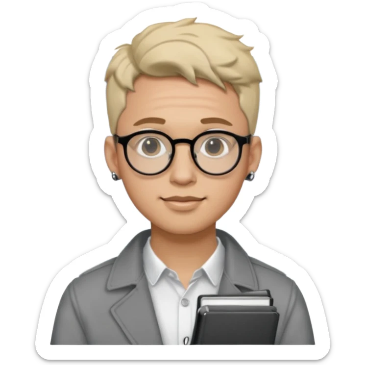 A man in his 20s wearing an apnotebook, wearing radio earrings, round glasses, achromatic clothes sticker