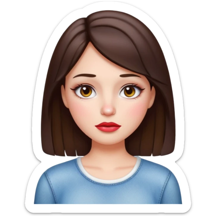 “Emoji brunette girl white top, dewy skin, heavy blush across cheeks and nose bridge, glossy cherry lips, soft eyeliner, teary sparkling eyes like hanni from new jeans sticker