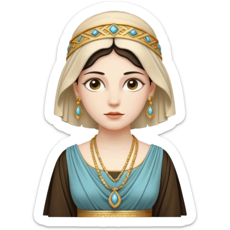An emoji portrait of a Greek noblewoman. She wears a peplos dress with intricate folds and gold jewelry. Her expression is calm and intelligent. sticker