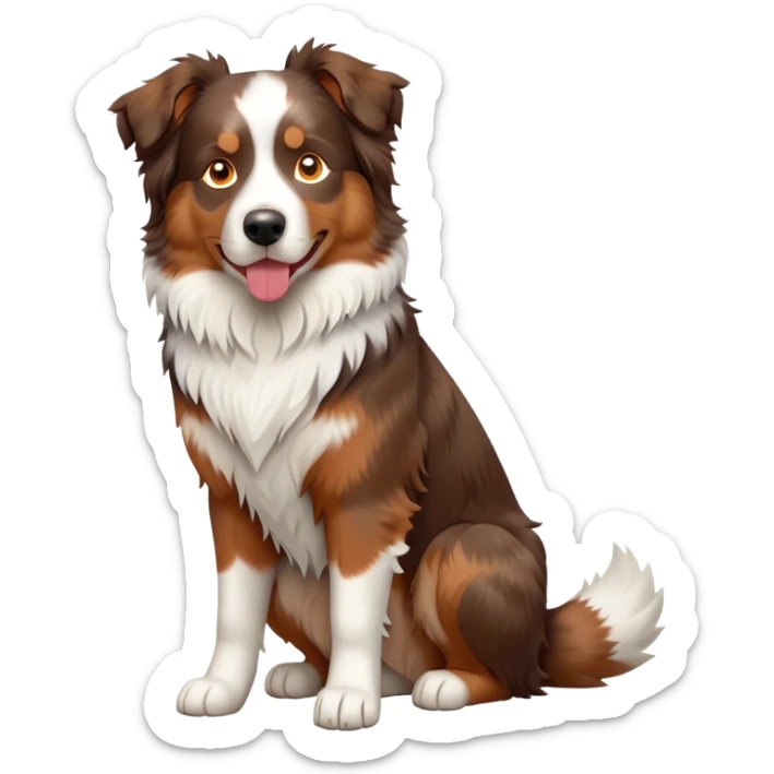 cinematic-[australian shepherd dog]-realistic-full-body-sitting-emoji,-tail-resting-loosely-beside-its-paws,-head-tilted-dramatically,-scruffy-[white and red merle]-fur,-simplified-yet-realistic-focused-features,-highly-detailed,-glowing-with-an-almost-sarcastic-glow sticker