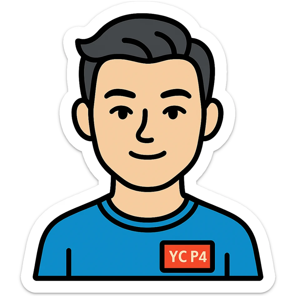 color outline icon of Bowen Liu, subtle YC F24 branding, confident expression sticker