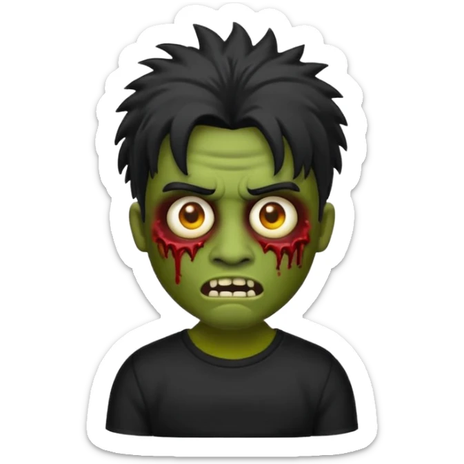 Emoji masculino de zumbi estilo iPhone,com cabelo ondulado mullet e preto, camisa preta e brincos sticker