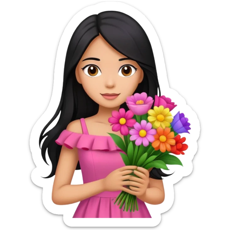 beautiful girl with long black hair wearing pink dress holding a colorful bouquet of flowers sticker
