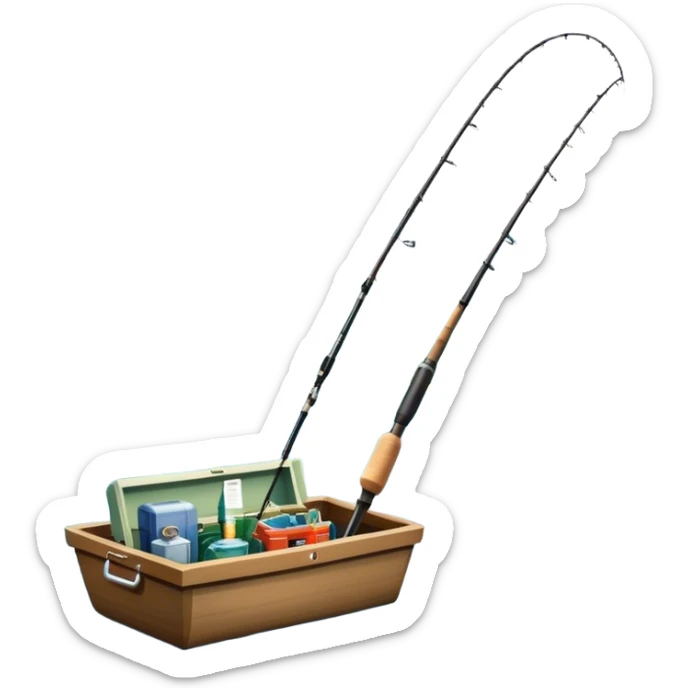 Icon for Fishing Travel: a boat on a calm lake surrounded by mountains and lush greenery, with fish jumping out of the water, a fishing rod, tackle box. The icon should capture the peaceful and adventurous nature of fishing trips. Transparent background. sticker