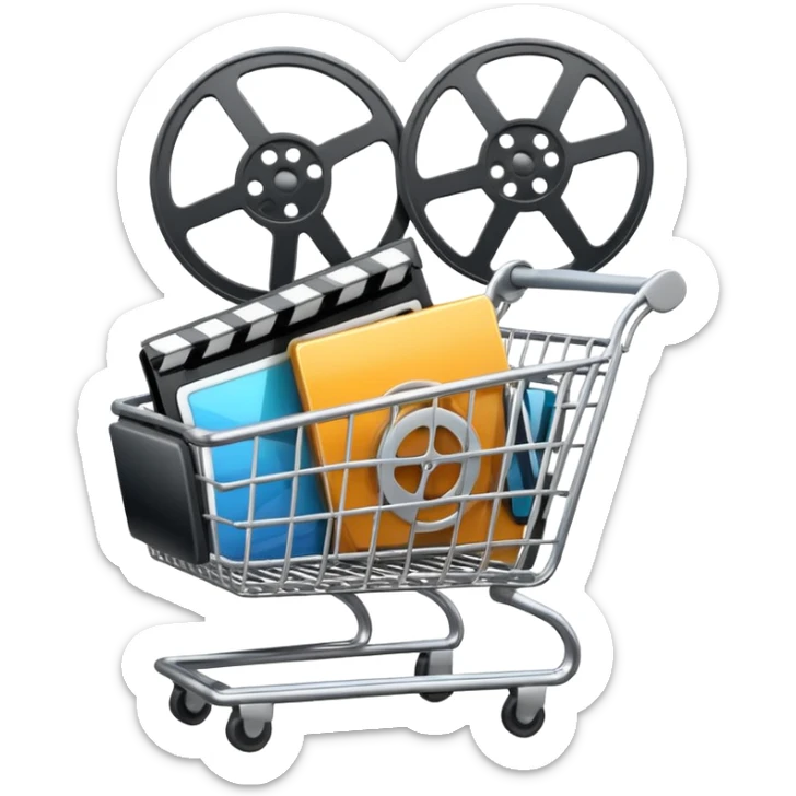 shopping cart filled with video player icons and a film reel sticker