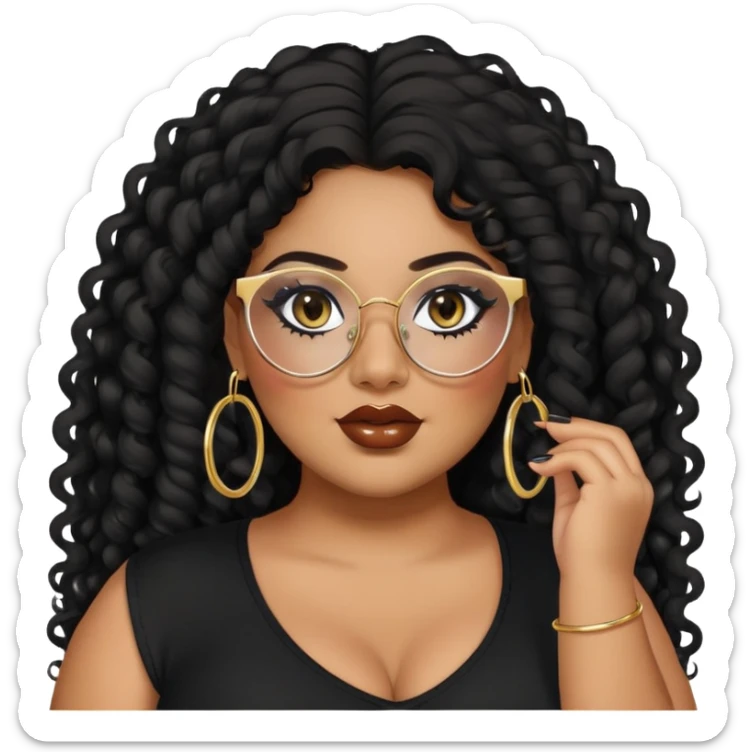 big plus size, latina, darker tan skin, gold hoops, long black curly hair, baddie,pretty, makeup, lipgloss, black eyeliner, long hair, black top, black glasses sticker