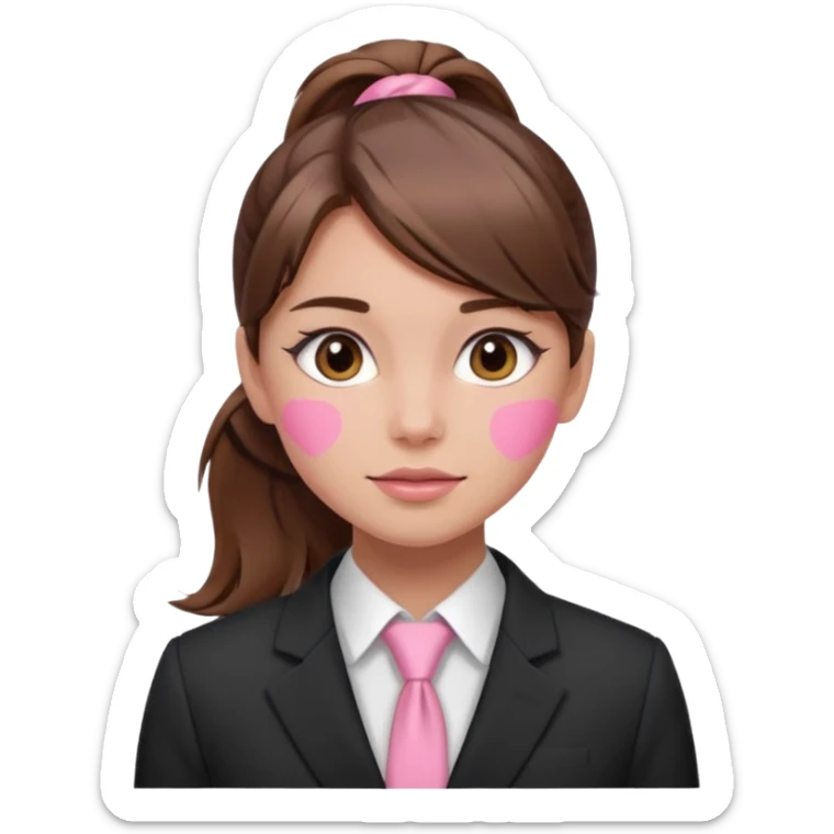 girl with brown hair in a ponytail in the middle with pink blush on her face and a suit sticker