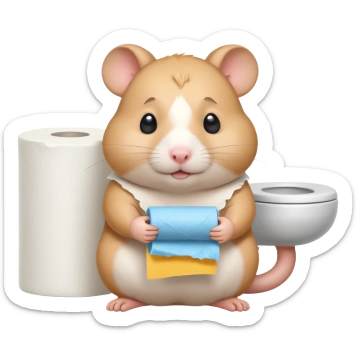 Cute chubby cartoon-style hamster sitting on toilet holding toilet paper looking as if he had an accident, sticker-style illustration sticker