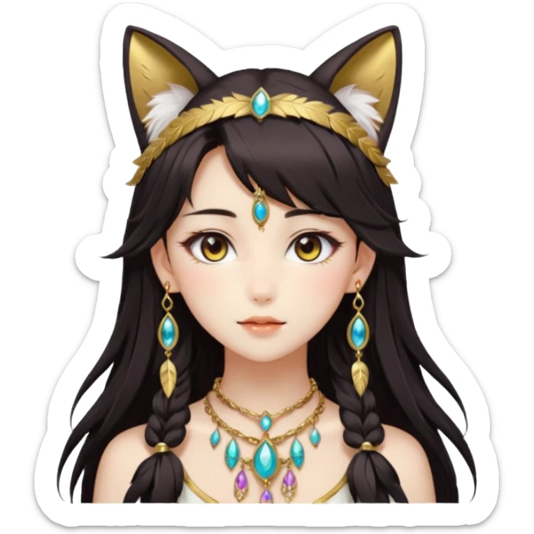Beautiful gorgeous anime lady with beautiful dark-brown-special-hair, fashion aesthetic, ethereal, feather, accessories, gold jewelries, gold, colorful, feline ears sticker