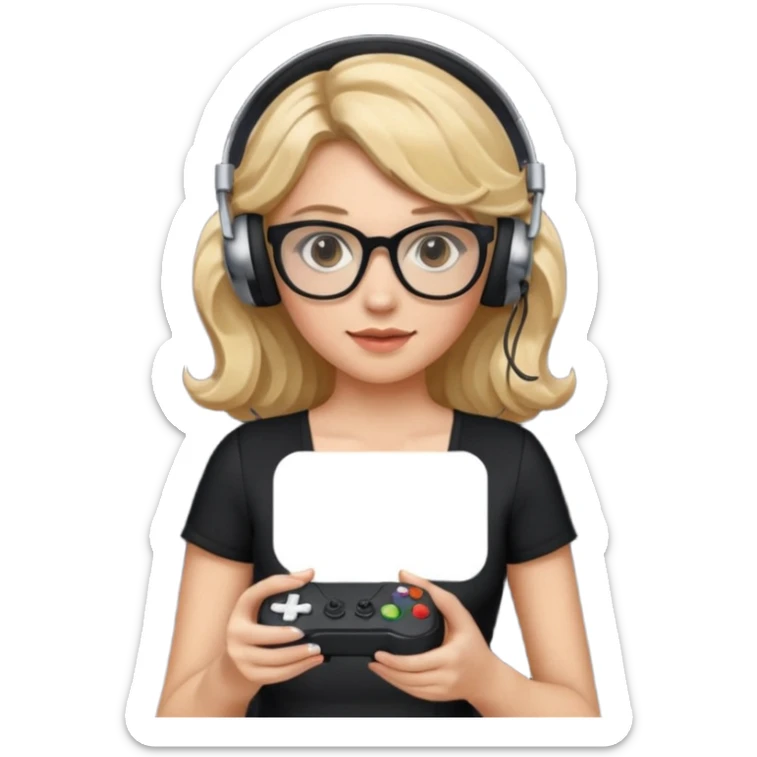 
gamer, woman with blond wavy hair, tight black dress with a white line with glasses, headphone, gamepad sticker
