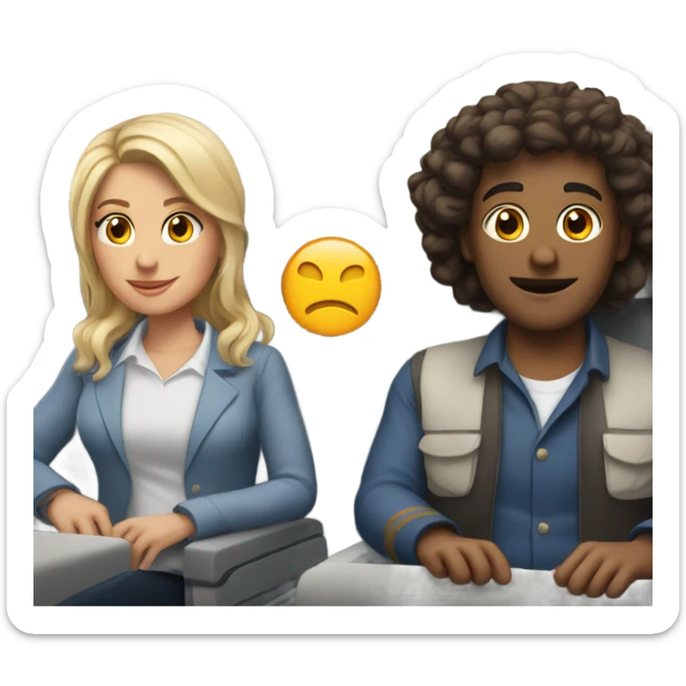 Two white people one male one female sitting in an airplane sticker