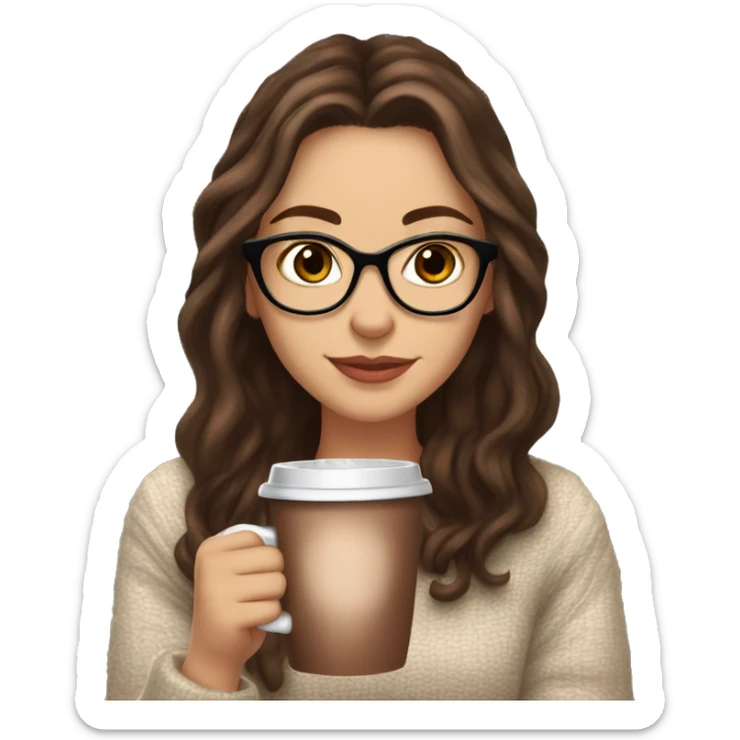 White girl with long brown hair and wearing glasses brown eyes and long lashes drinking hot cocoa with both hands looking cozy sticker