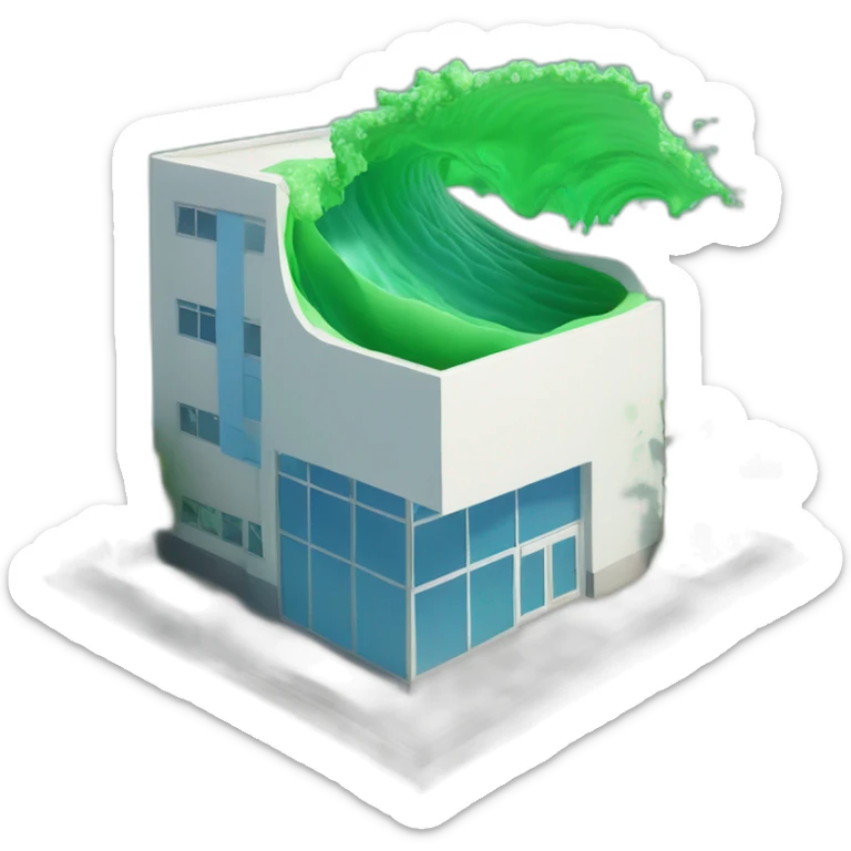 Green tsunami wave covering a blue medical clinic. There is a piece of paper falling from sky. There is a big ladybug above the clinic sticker