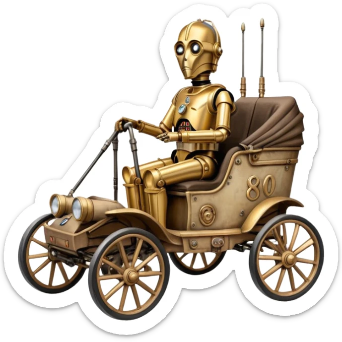 Old American West tarnished C-3PO policeman in 1864 delicately ornate rosegold accents painted buggy powered by electric motors and batteries with safety features and belts flying across rough terrain  sticker