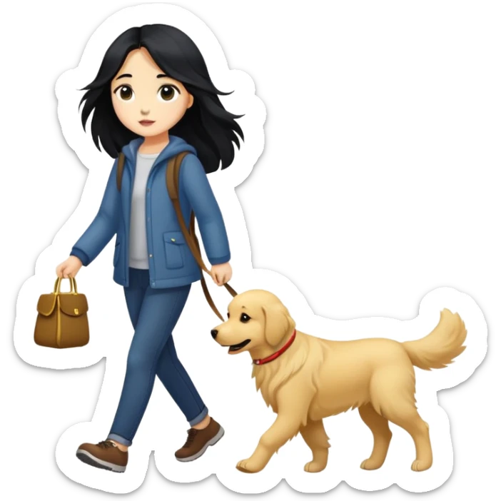Long black hair - girl walking with a golden retriever sticker