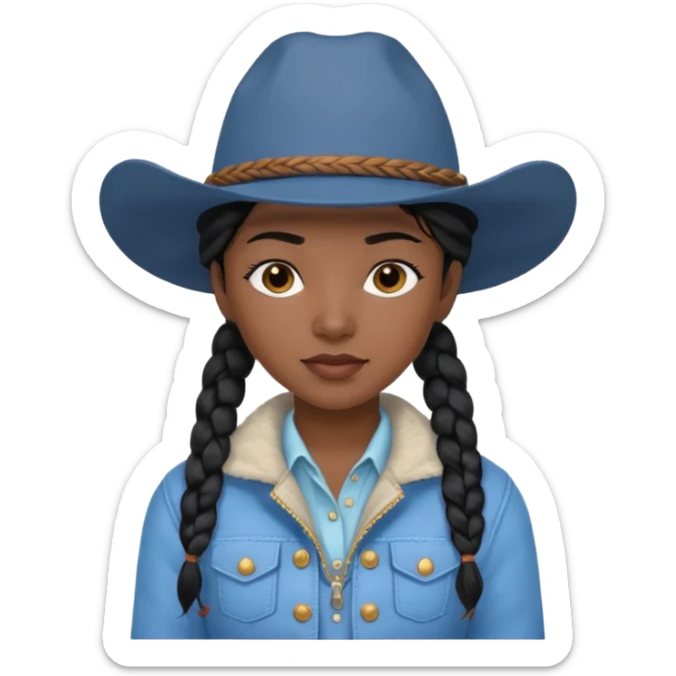 Black hair cowgirl with black skin, two braids and soft blue hat and jacket  sticker