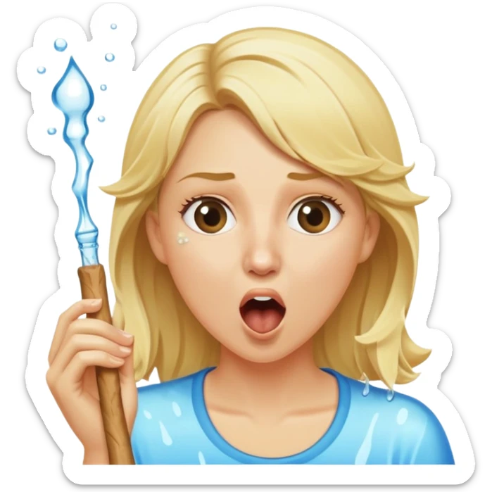 blond woman eating a stick the same color as her skin, water stream squirting directly from the stick into her open mouth, surprised expression sticker