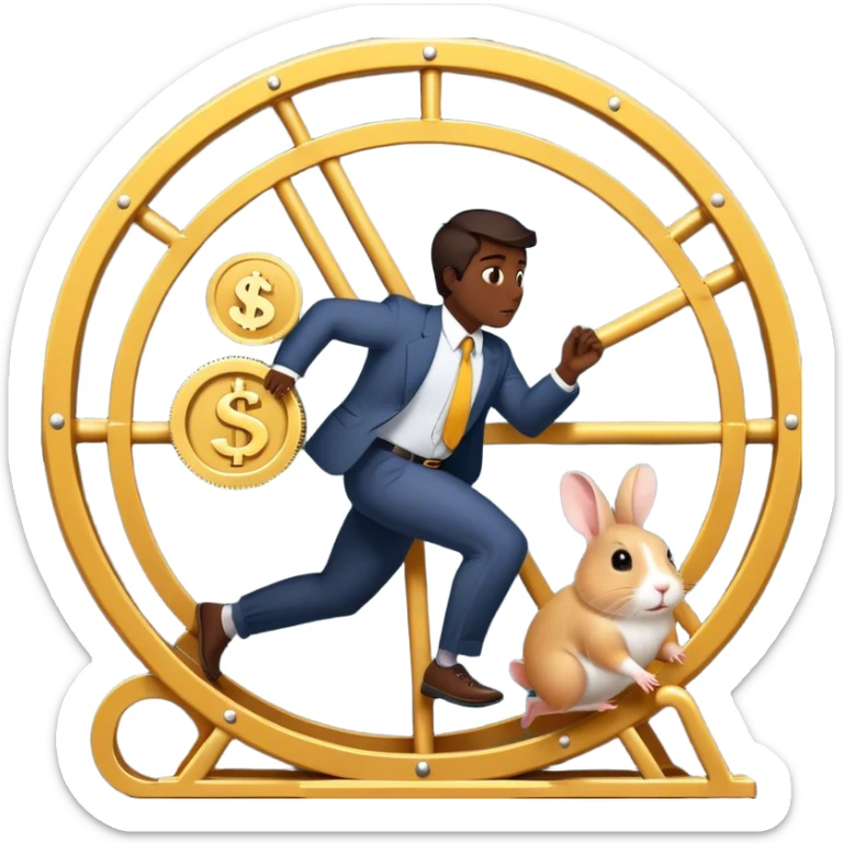 Create an emoji of a tired, overworked entrepreneur running on a hamster wheel while chasing a small, golden rabbit holding a dollar sign. The entrepreneur has dark circles under their eyes, looks exhausted, and is sweating from constant chasing. The hamster wheel represents the endless struggle, while the rabbit symbolizes unattainable financial success. The style should be simple, expressive, and easily recognizable as an emoji
 sticker