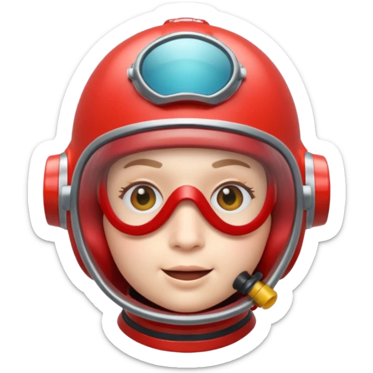 3D cartoon-style human character in the Apple emoji style, wearing a red diving helmet with glass visor sticker