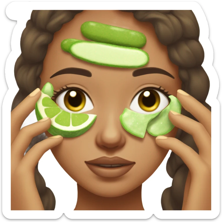 Girl with freackles Brown hair and white skin wears skin care mask Thats Green her eyes closed and two pickle round on it  sticker