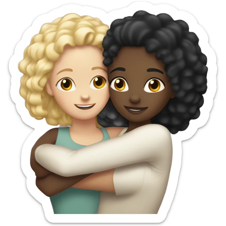 Black girl with straight black hair hugging a white girl with curly blonde hair sticker