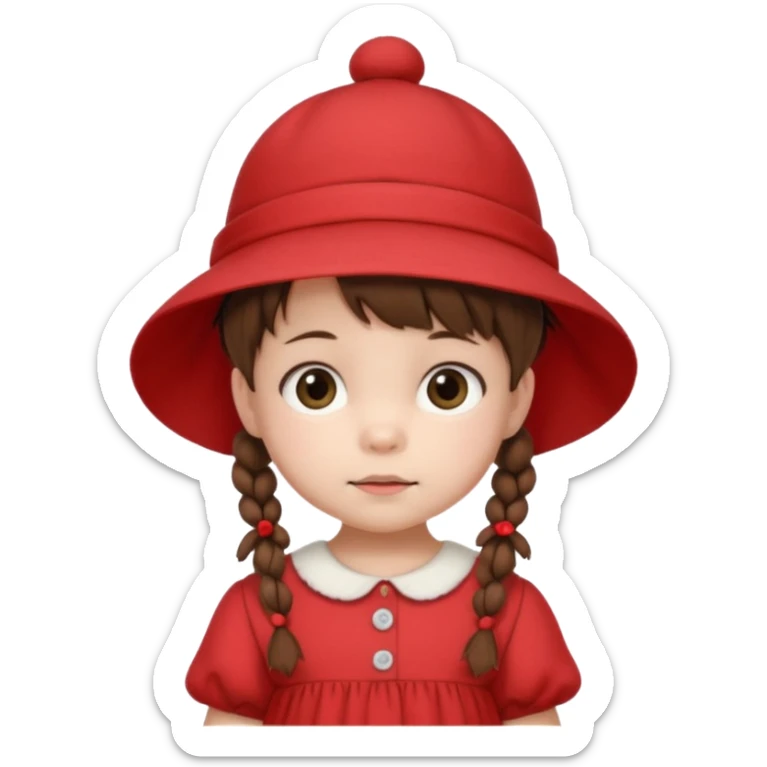 baby girl with brown hair and pigtails with a hat and red dress like My Neighbor Totoro movie sticker