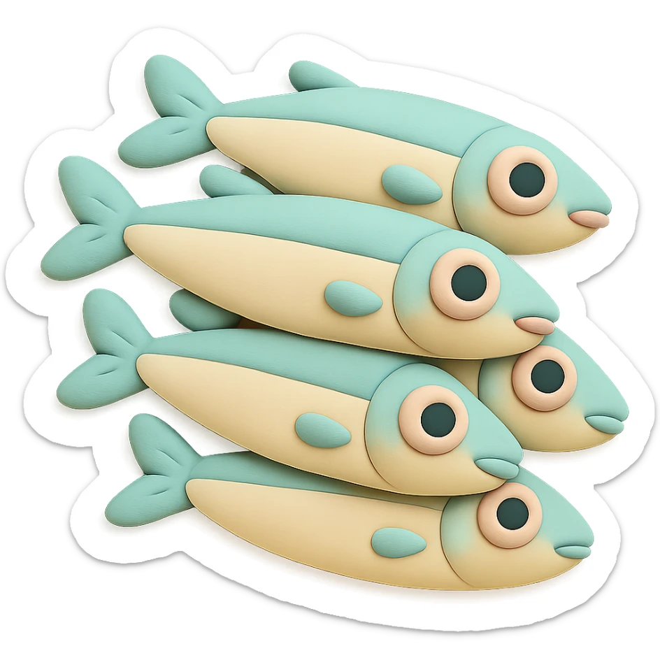Edit the image to depict anchovies in fondant cake art style with pastel colors, soft and playful appearance, no background, and no text. sticker