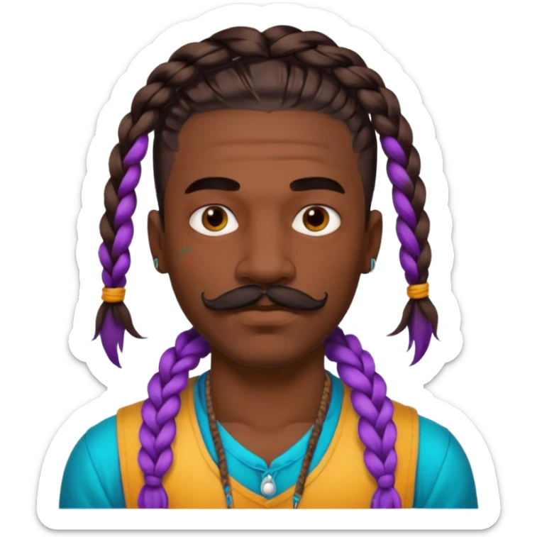 big lose braids starting from the top of the head man with mustache face wiith big visible loose only two braids and lots and lots of colored face tattoos colored tattoos like a tattoo artist hair unique color sticker