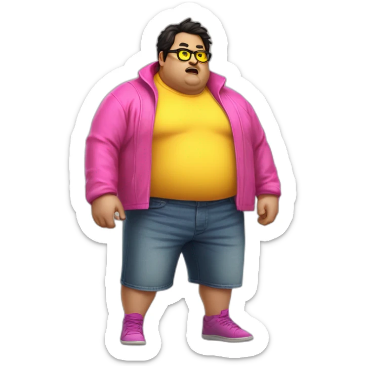 fat man with dark hair,a vibrant long yellow coat, pink glasses, short jeans shorts. Show full lenght peson, person fighting as superhero sticker