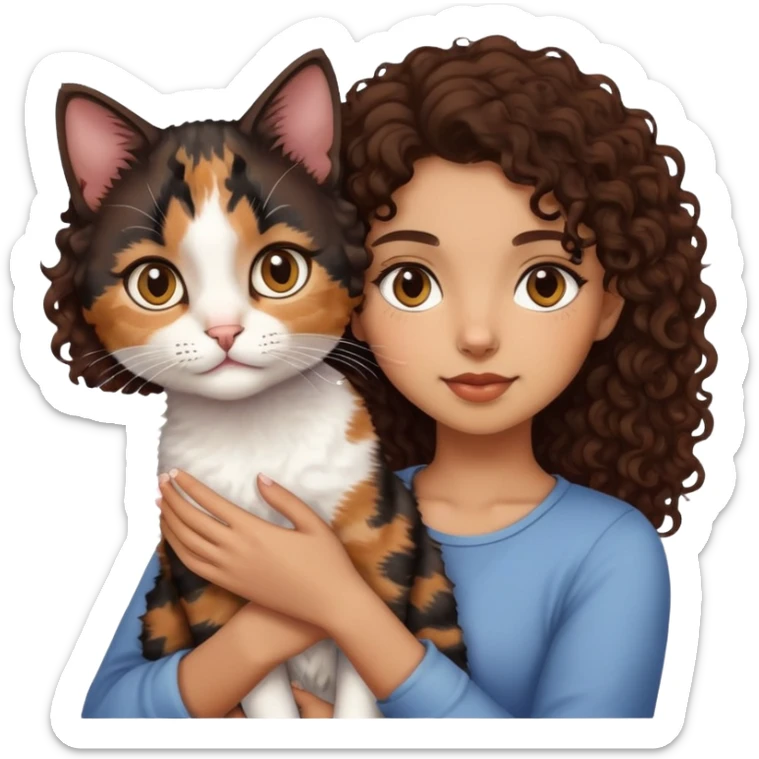 Light brown skin, dark curly hair, girl holding calico cat sticker
