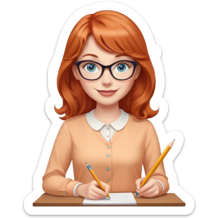 redheaded woman with long wavy hair and bangs, blue eyes, cat-eye glasses, wearing a pencil skirt and apricot blouse, holding a pencil, smiling sticker