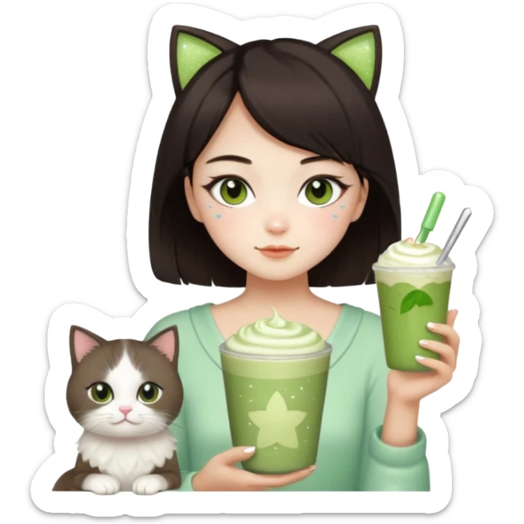 asian girl with shoart dark brown hair with a soft girl glowup aesthetic. matcha latte sparkles girly things, 2 ragdoll cats, skincare, makeup sticker