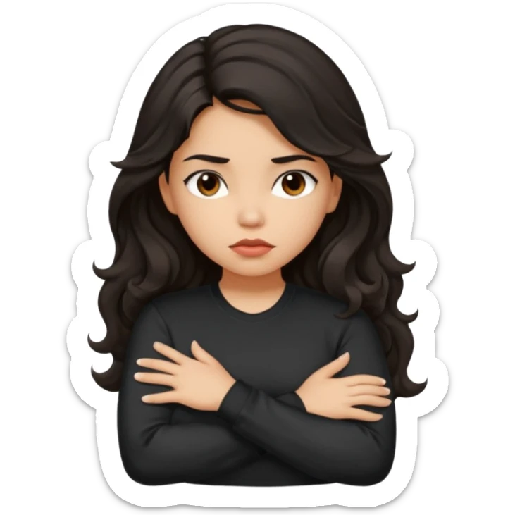 Hispanic girl with dark long wavy hair crossing her arms while pouting and wearing a black long sleeve shirt sticker