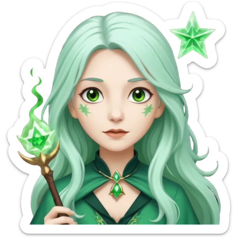 Woman with green skin color with long hair white color and carrying a magic wand sticker