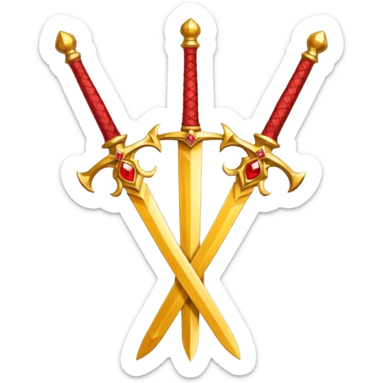 Two crossed swords that are golden in blade and handle and have fiery and royal appearence to them as well as red gem stones yellow in color sticker